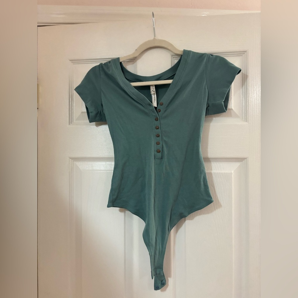 Free People XS Sage Green Bodysuit with Unique Sleeves Soft Stretch